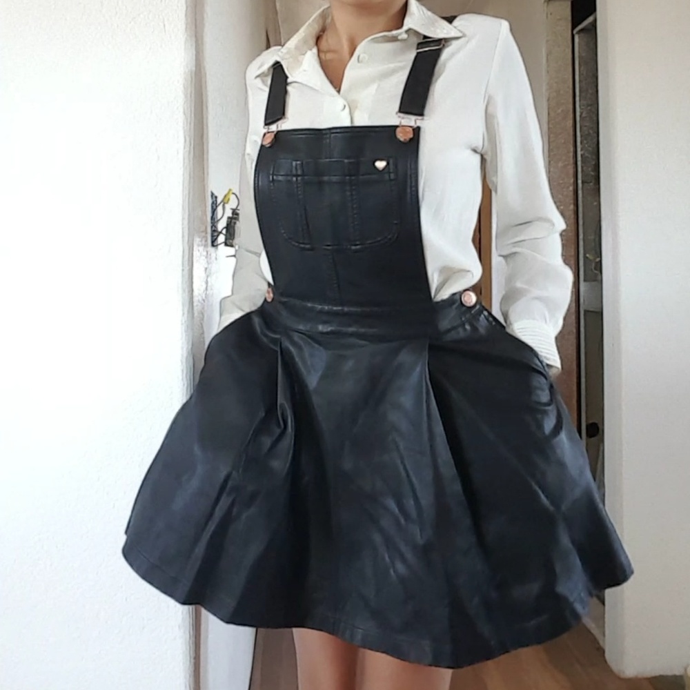 Leather overall minidress